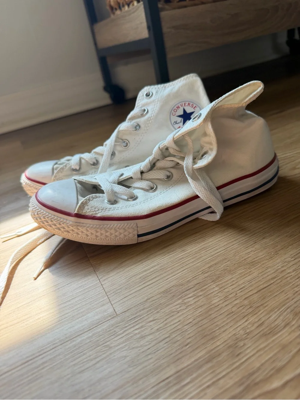 Converse White High Top Sneakers with Red & Blue Trim
